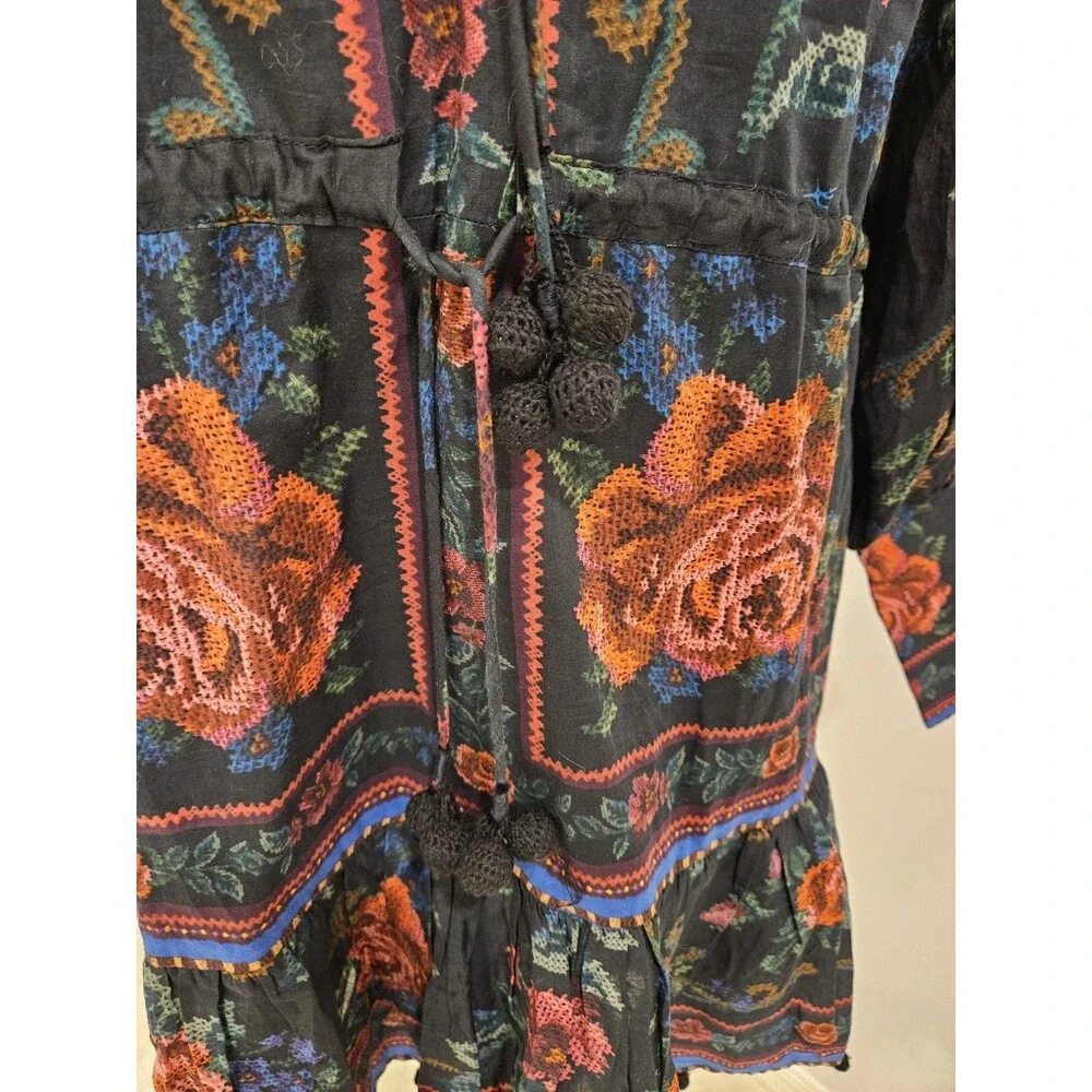 Farm Rio Black Floral Pom Pom Tie Dress Size L Boho Long SleeveFarm Rio Black... - Picture 5 of 6